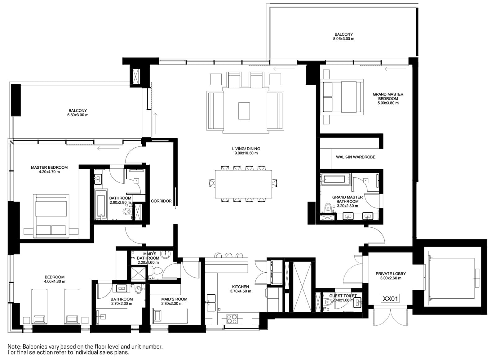 One JBR 3 br Corner + Maid floor plan