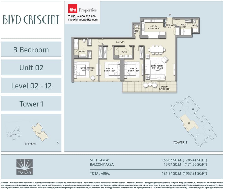 BLVD Crescent 3 BD - Unit 02 - Level 02-12 floor plan