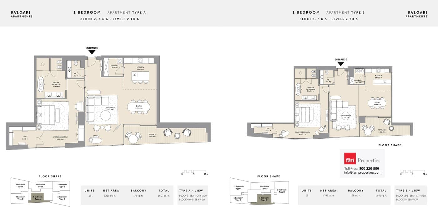 Bulgari Residences & Mansions 1 BD Type A and B floor plan