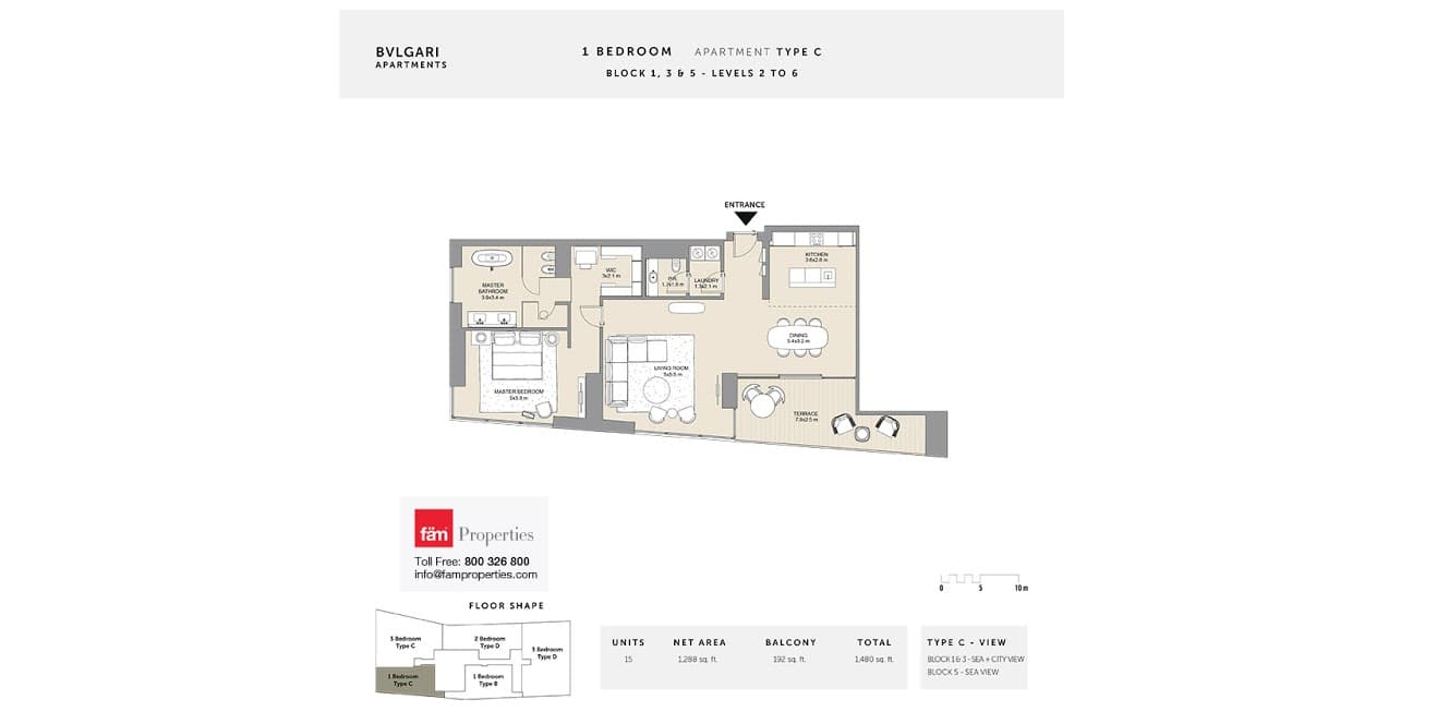 Bulgari Residences & Mansions 1 BD Type C floor plan
