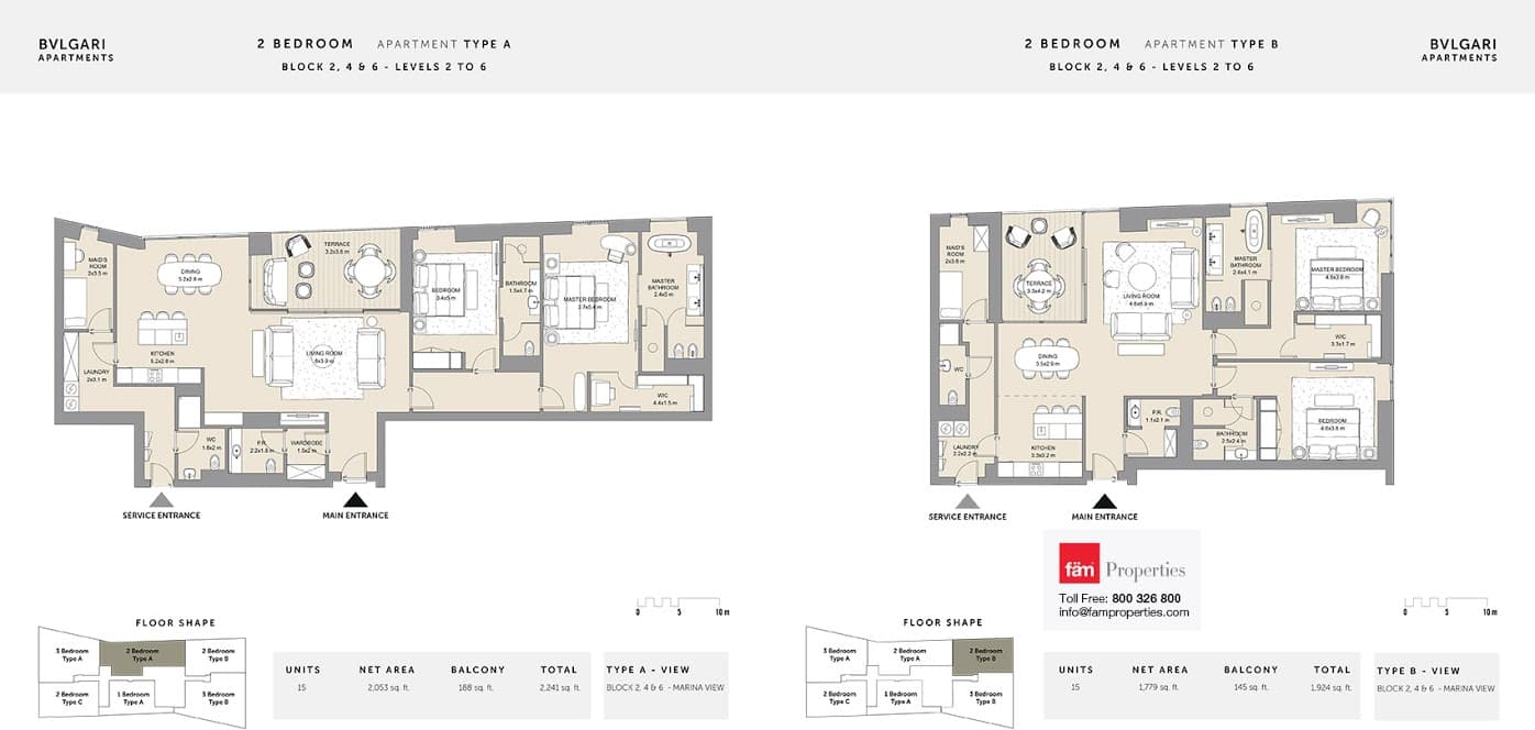 Bulgari Residences & Mansions 2 BD Type A and B floor plan