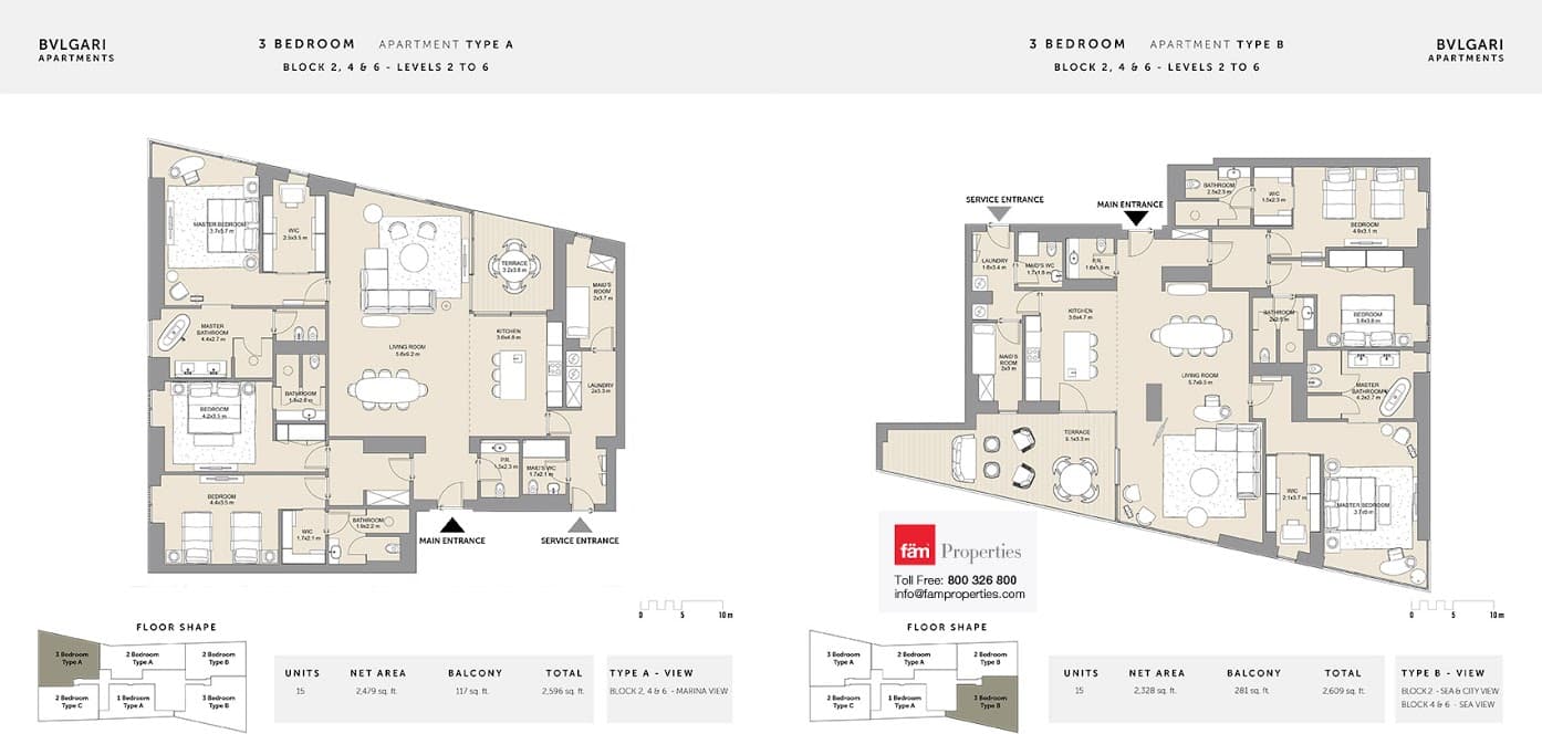 Bulgari Residences & Mansions 3 BD Type A and B floor plan