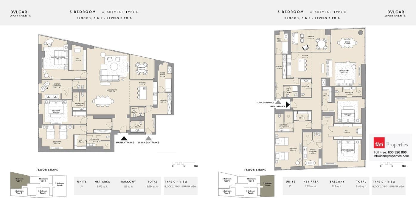 Bulgari Residences & Mansions 3 BD Type C and D floor plan