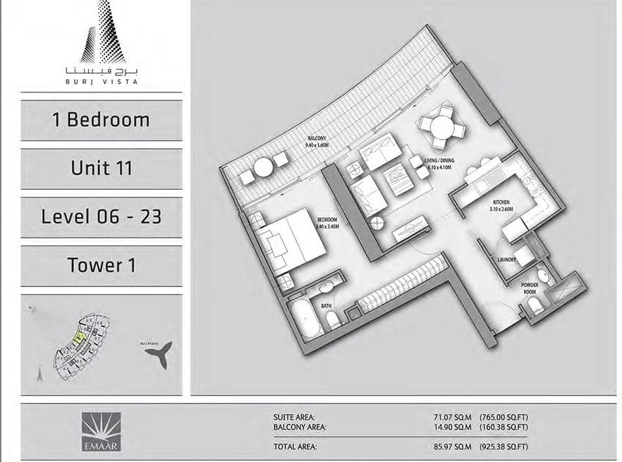 Burj Vista 1 Bedroom-unit11 floor plan