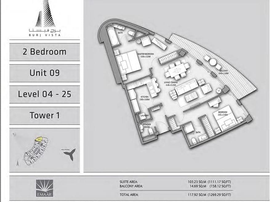 Burj Vista 2 Bedroom-unit9 floor plan