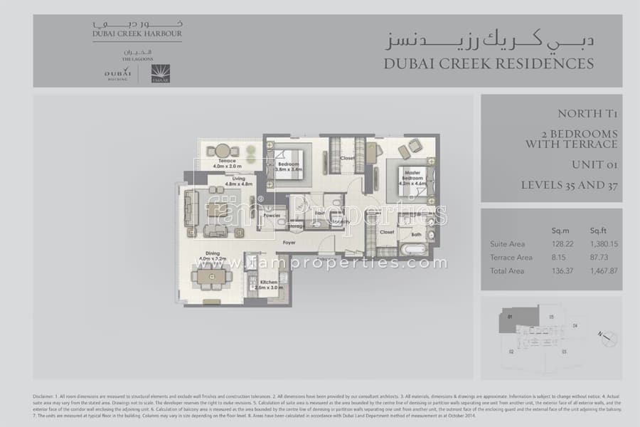 Dubai Creek Residences North T1 - 2 BD - Unit 1 - Level 35 and 37 floor plan