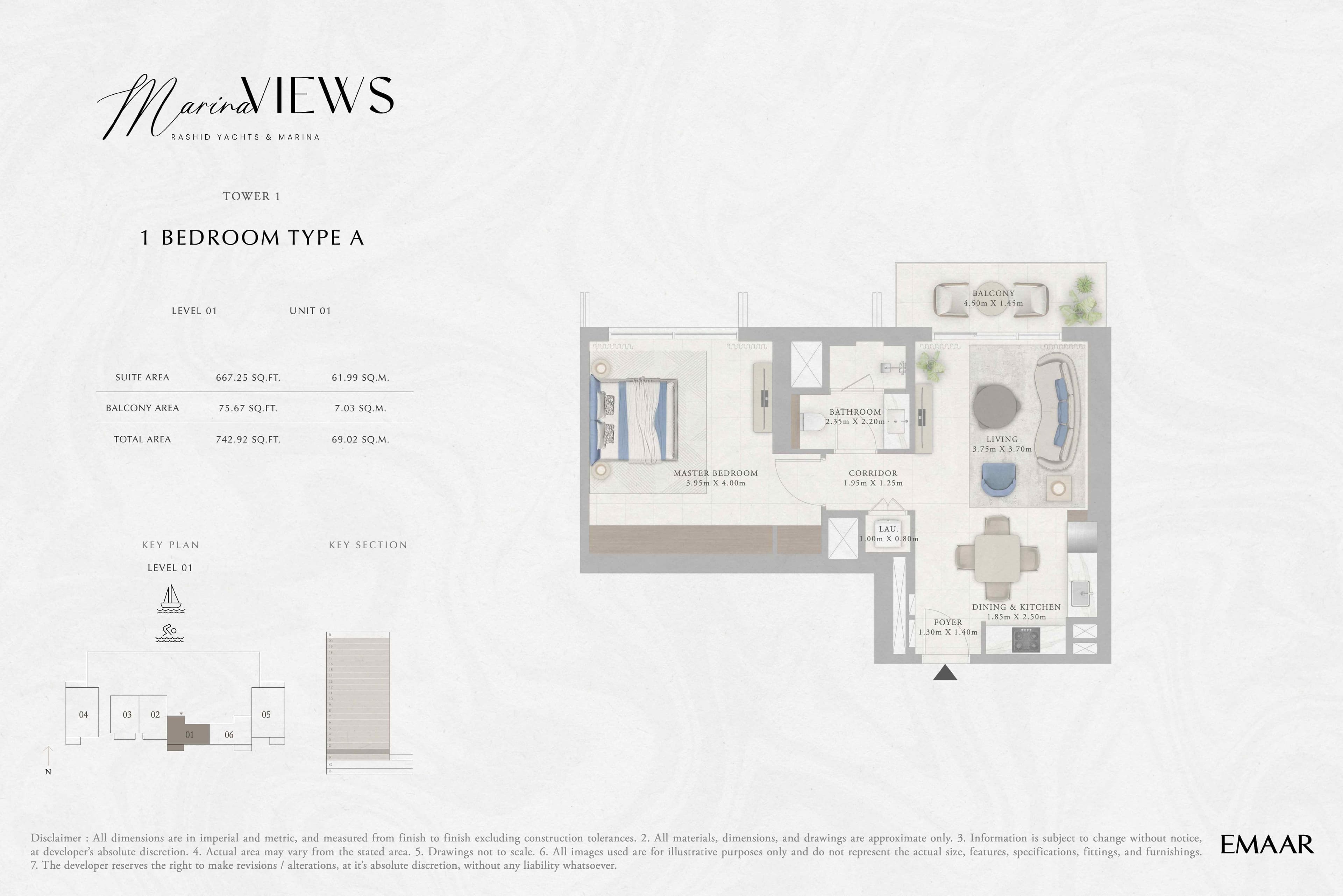 Marina Views Tower 1 - 1BR - Type A - Level 1 floor plan