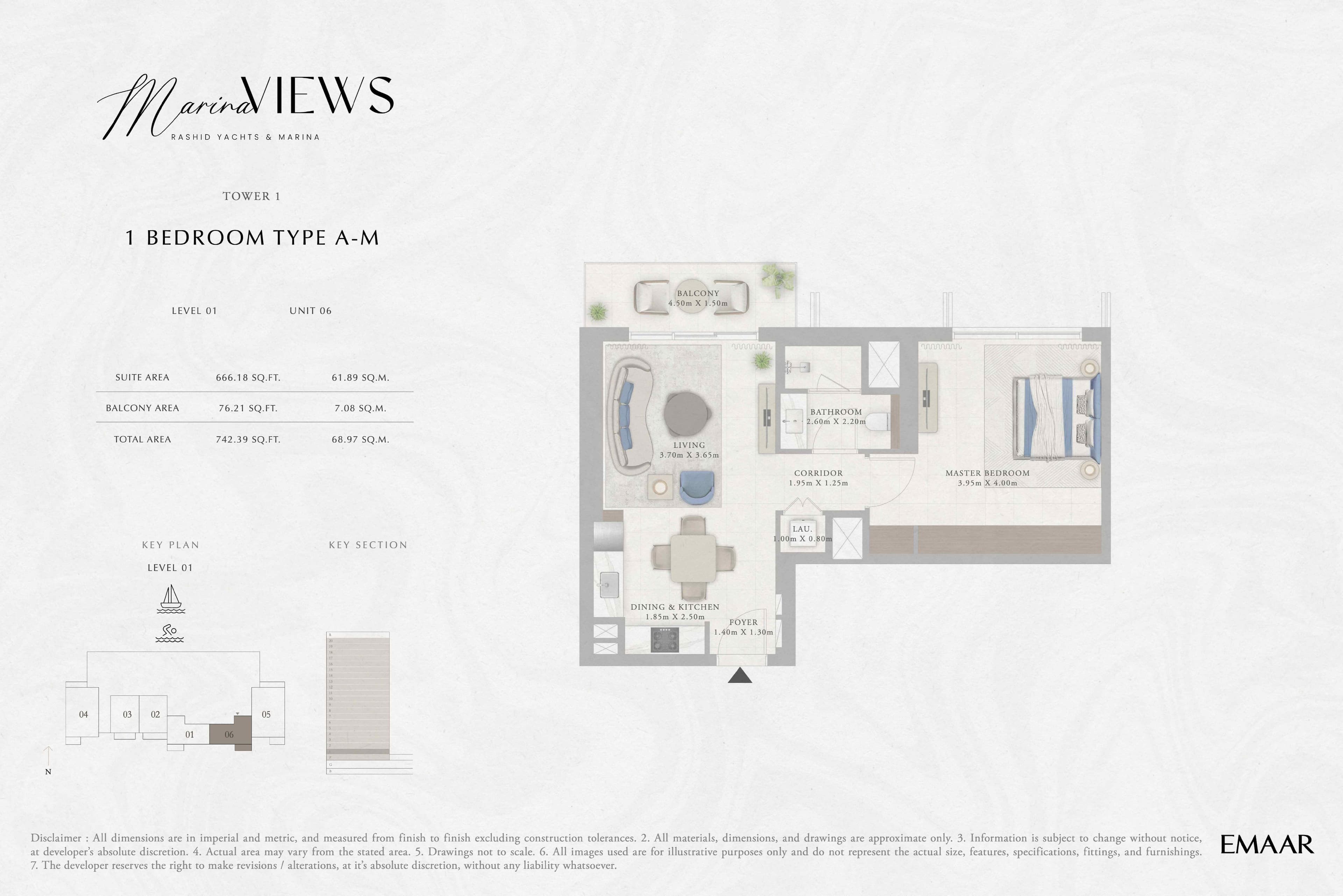 Marina Views Tower 1 - 1BR - Type A-M - Level 1 floor plan