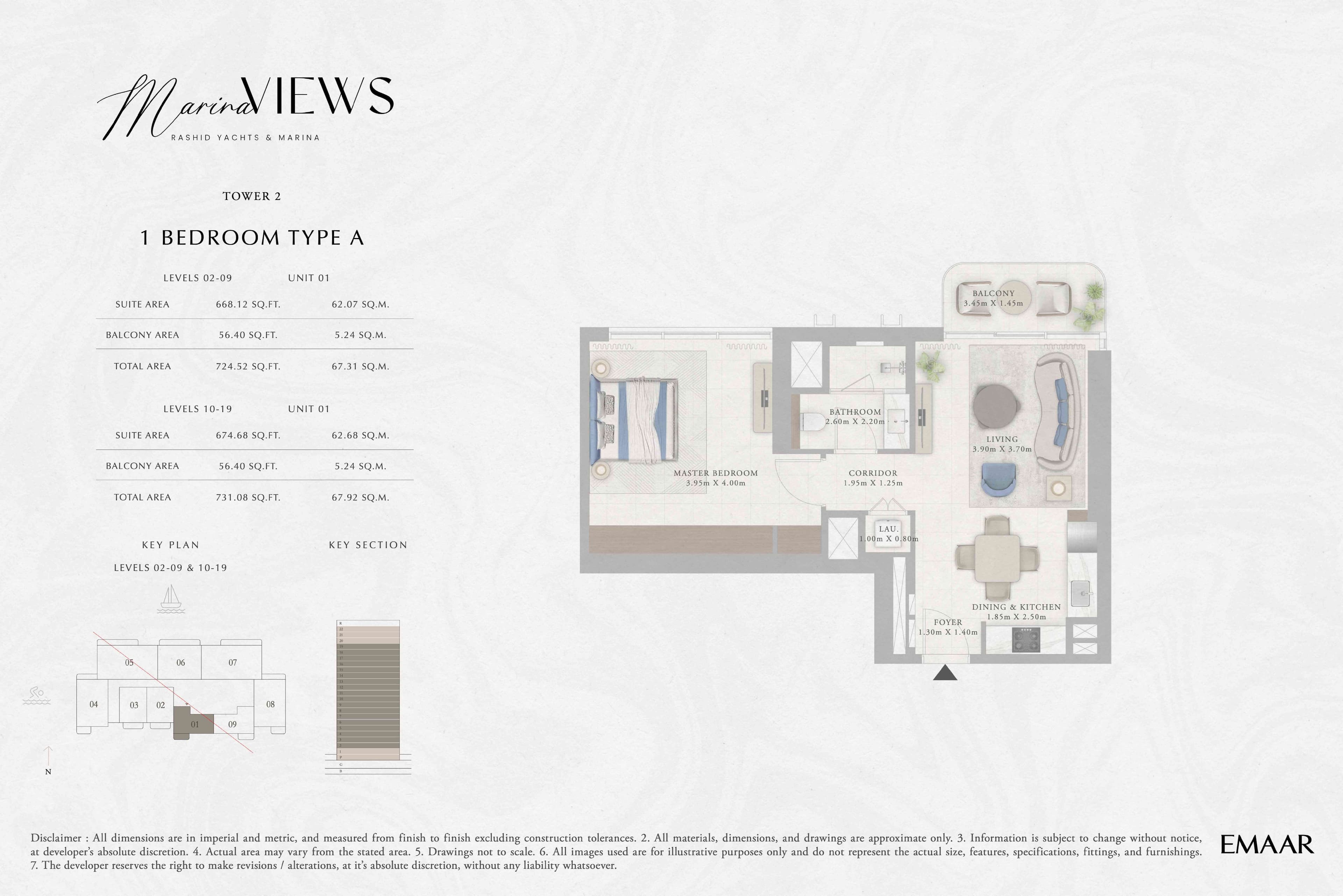 Marina Views Tower 2 - 1BR - Type A - Level 2-9, 10-19 floor plan