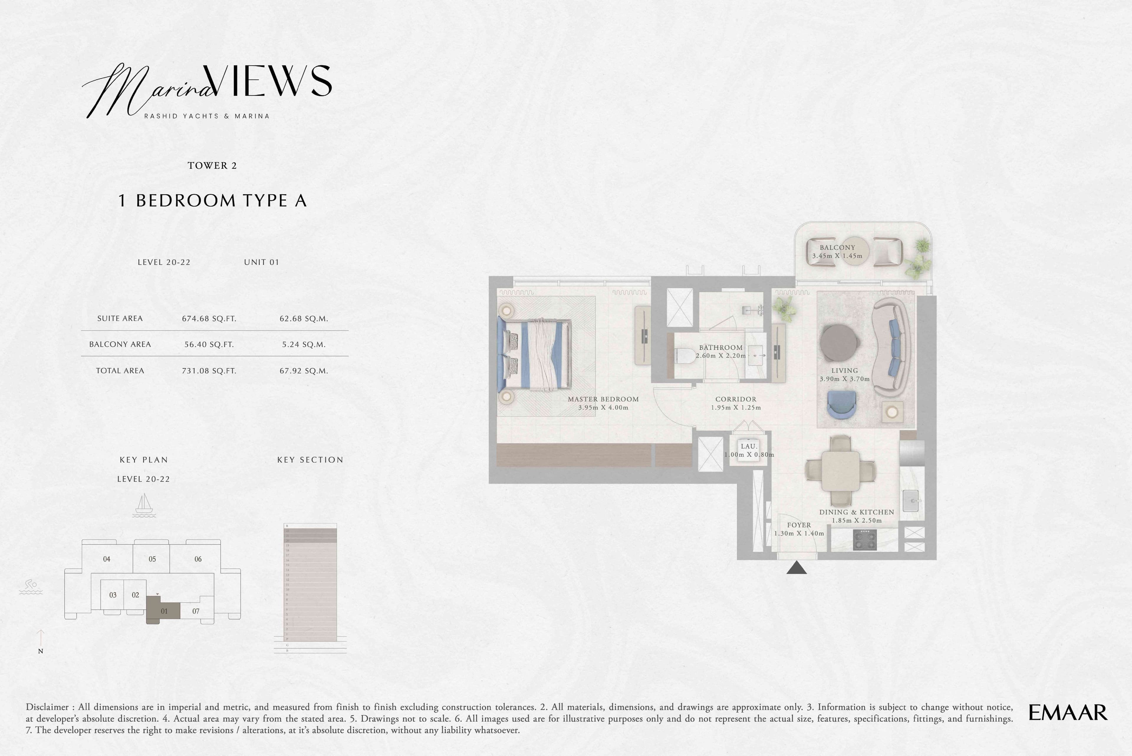 Marina Views Tower 2 - 1BR - Type A - Level 20-22 floor plan