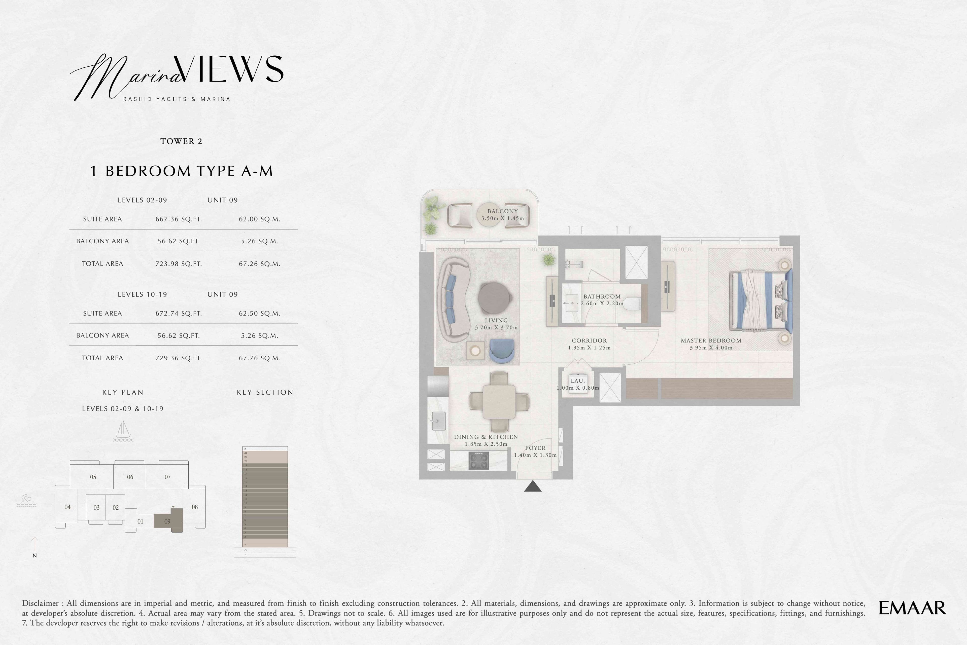 Marina Views Tower 2 - 1BR - Type A-M - Level 2-9, 10-19 floor plan