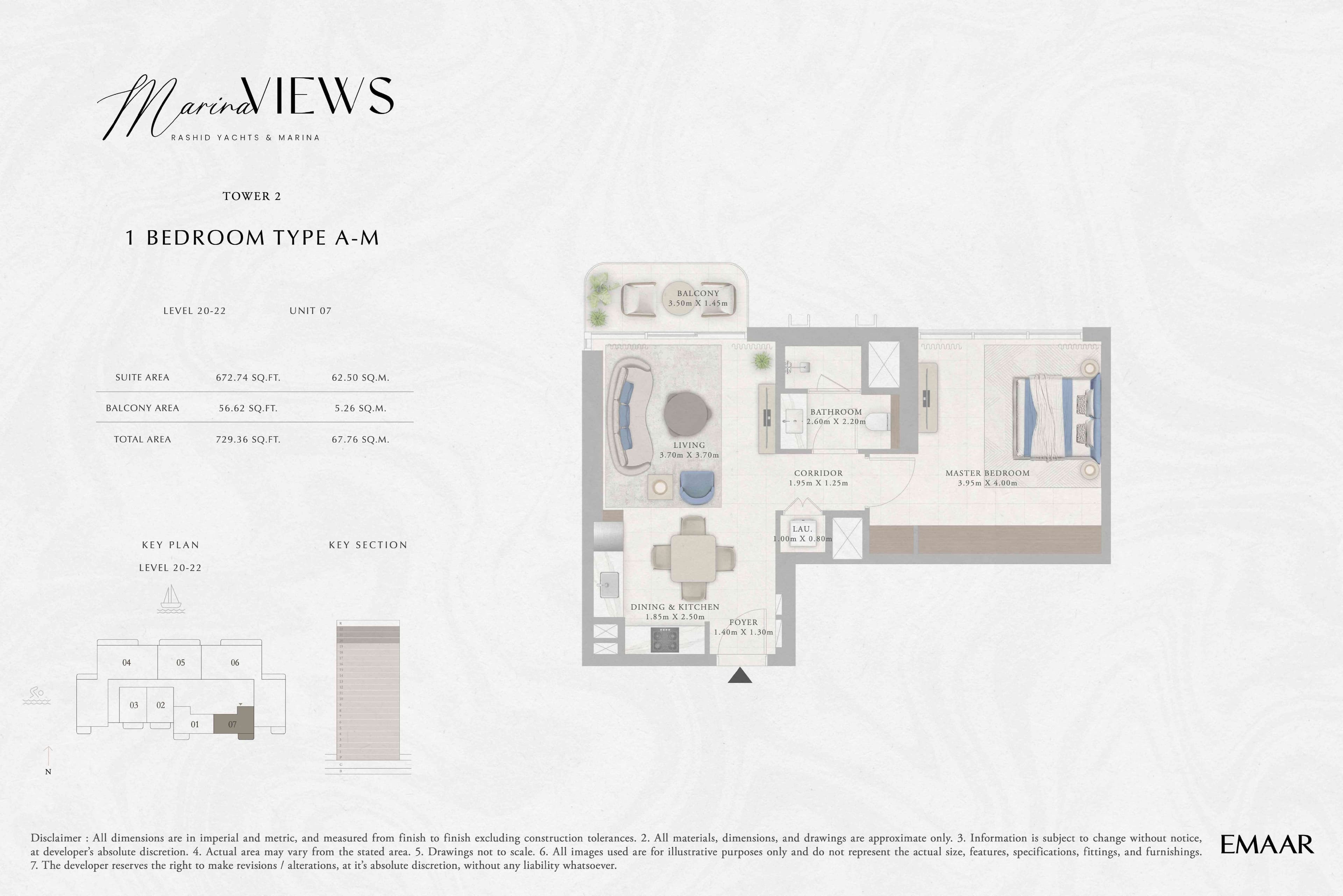 Marina Views Tower 2 - 1BR - Type A-M - Level 20-22 floor plan