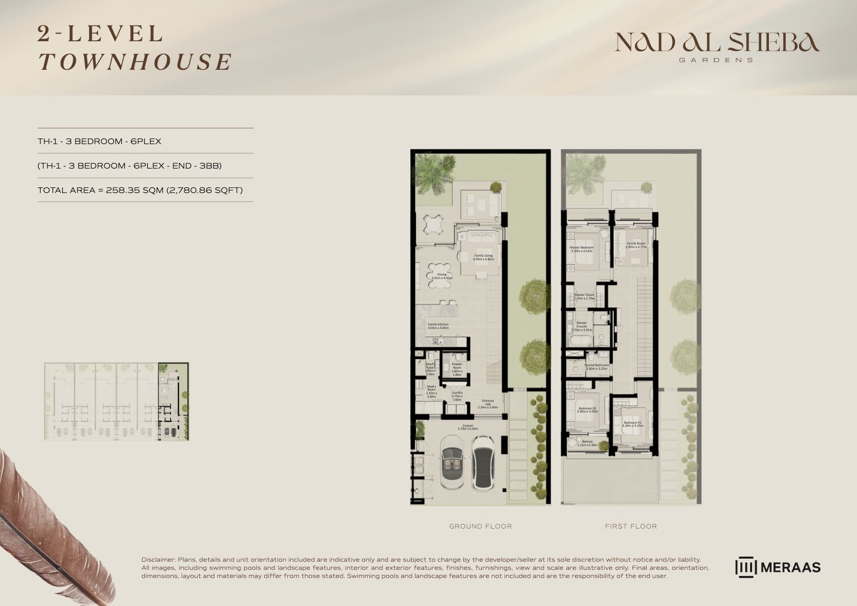 Nad Al Sheba Gardens Villas 2LV - Townhouse - TH1-6Plex-End - 3BB floor plan