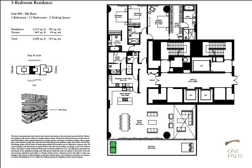 One at Palm Jumeirah 3 Bedroom floor plan