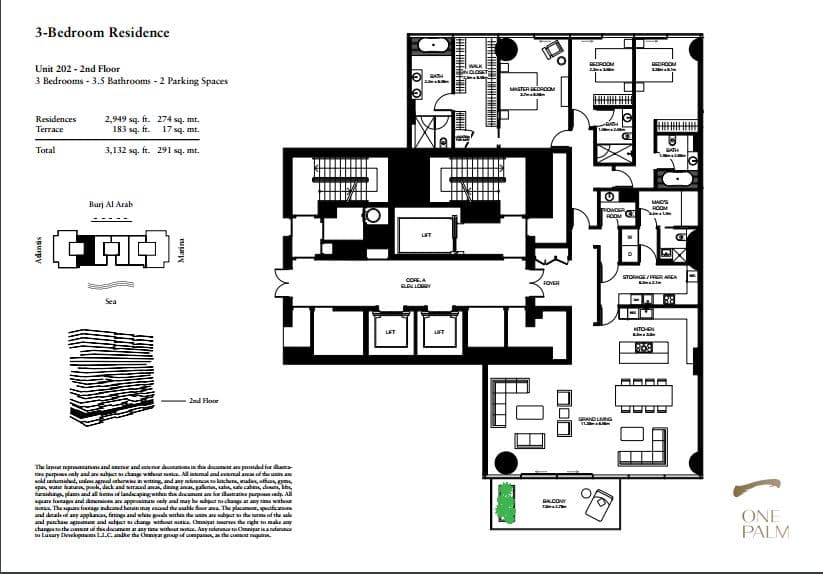 One at Palm Jumeirah 3 Bedroom floor plan