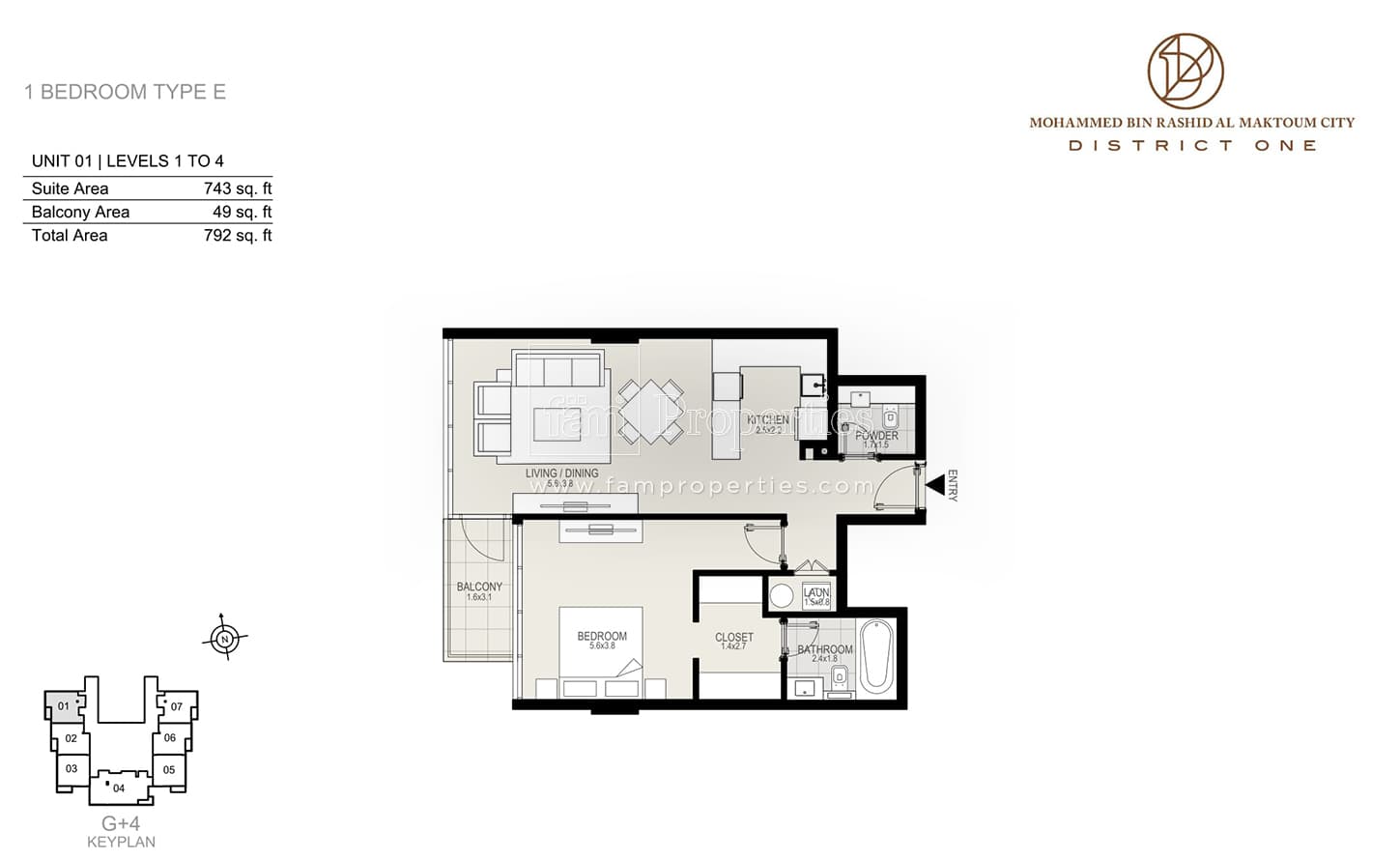 District One Residences 1 Bedroom Type E Unit 1 Levels 1 to 4 floor plan