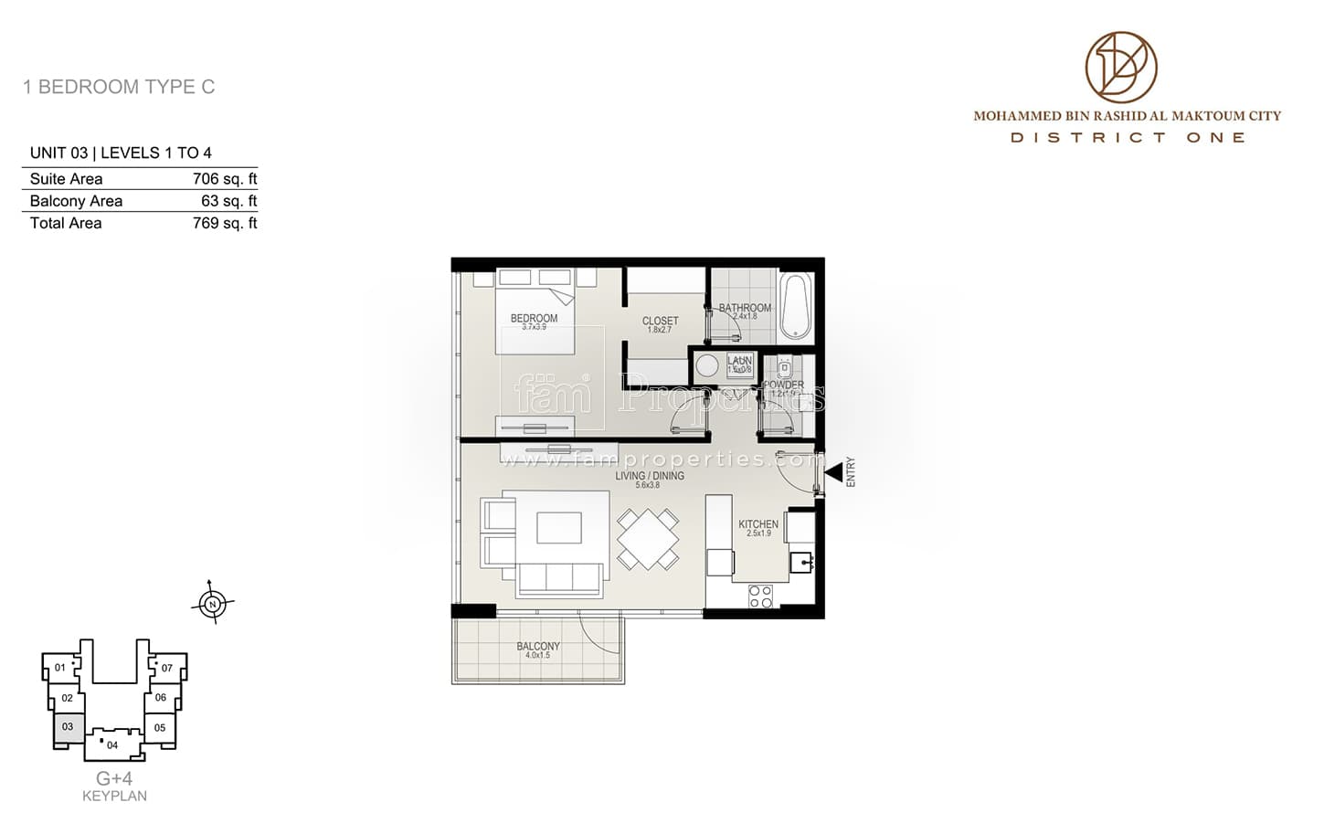 District One Residences 1 Bedroom Type C Levels 1 to 4 floor plan
