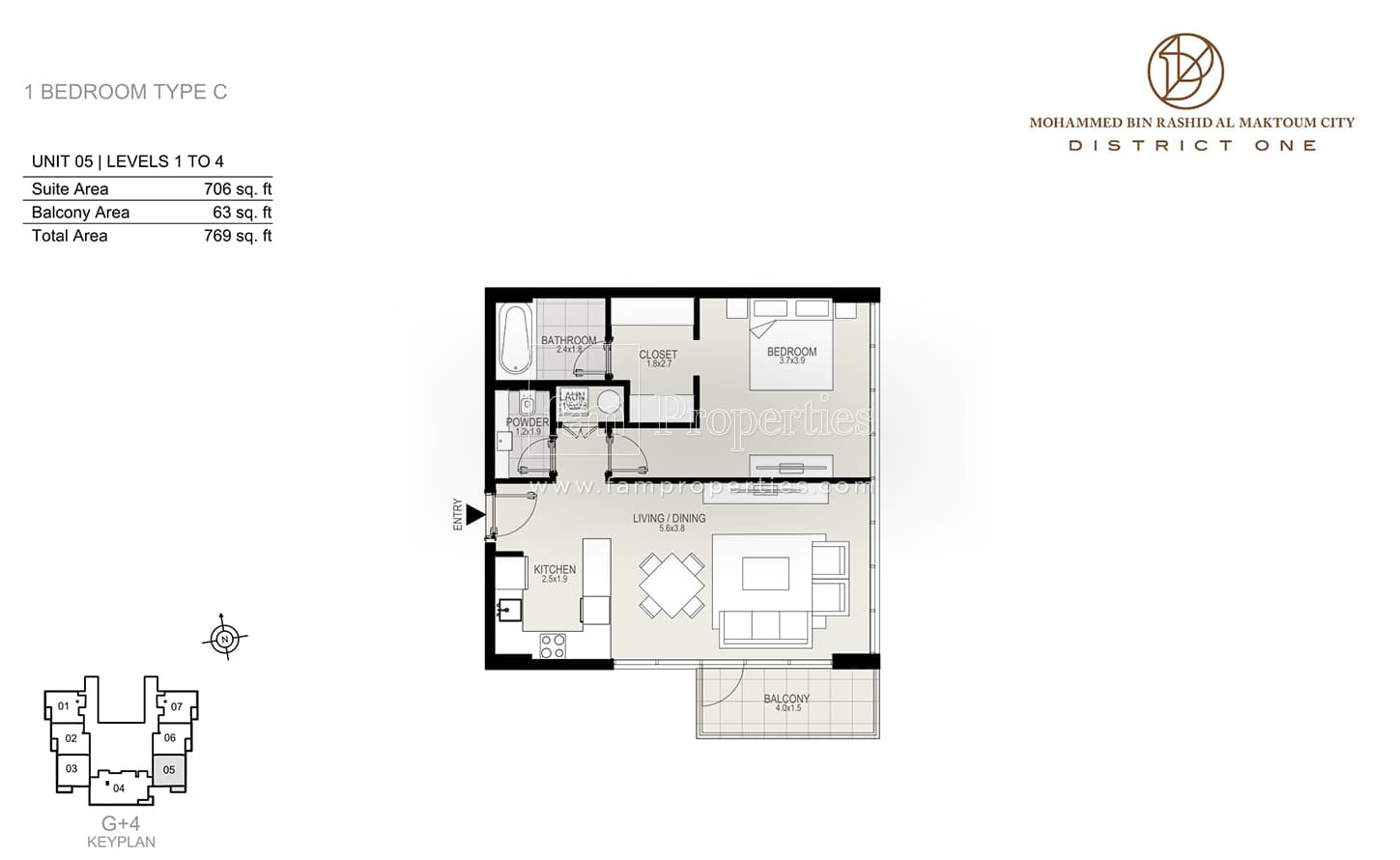 District One Residences 1 Bedroom Type C Unit 5 Levels 1 to 4 floor plan