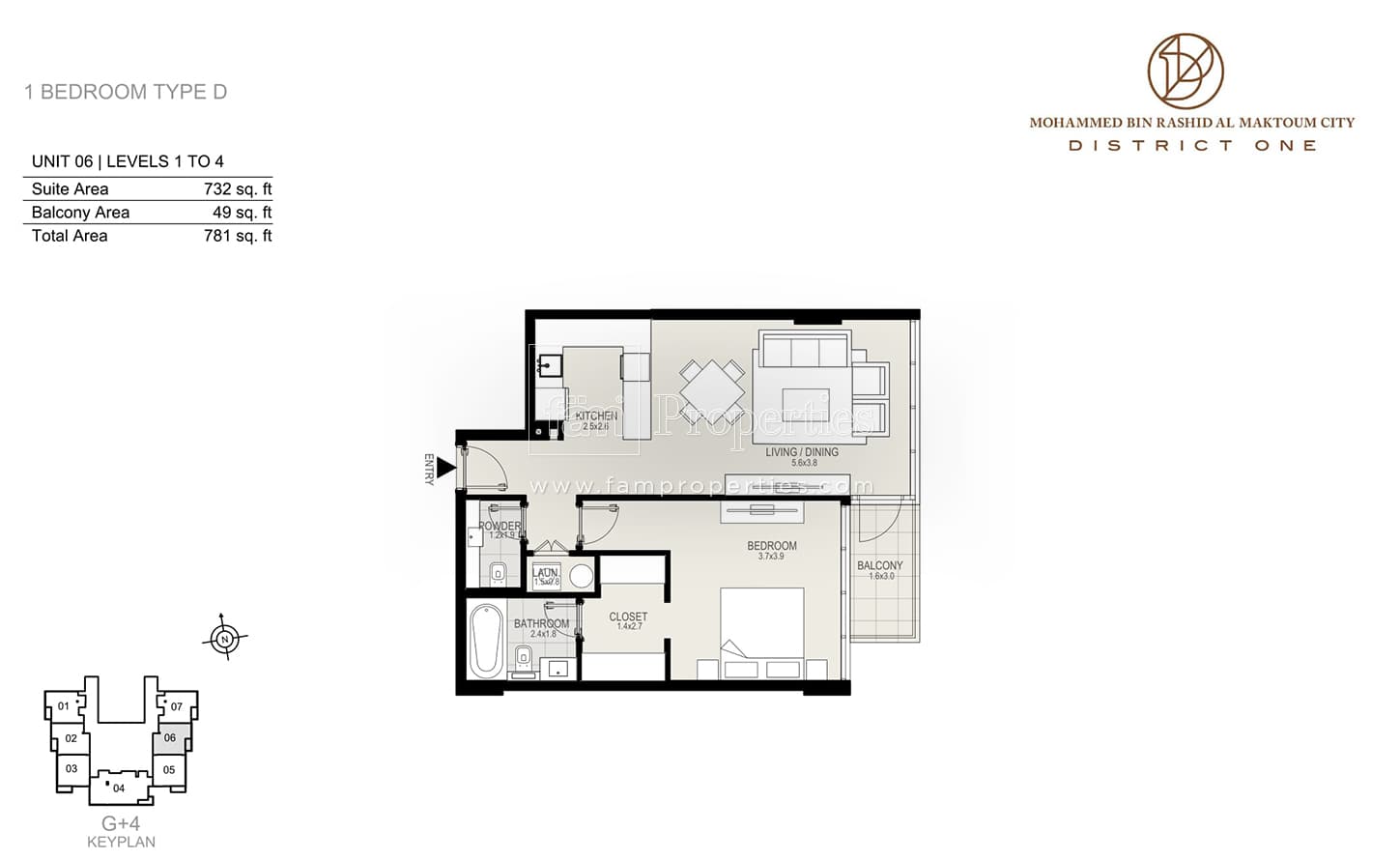 District One Residences 1 Bedroom Type D Unit 6 Levels 1 to 4 floor plan