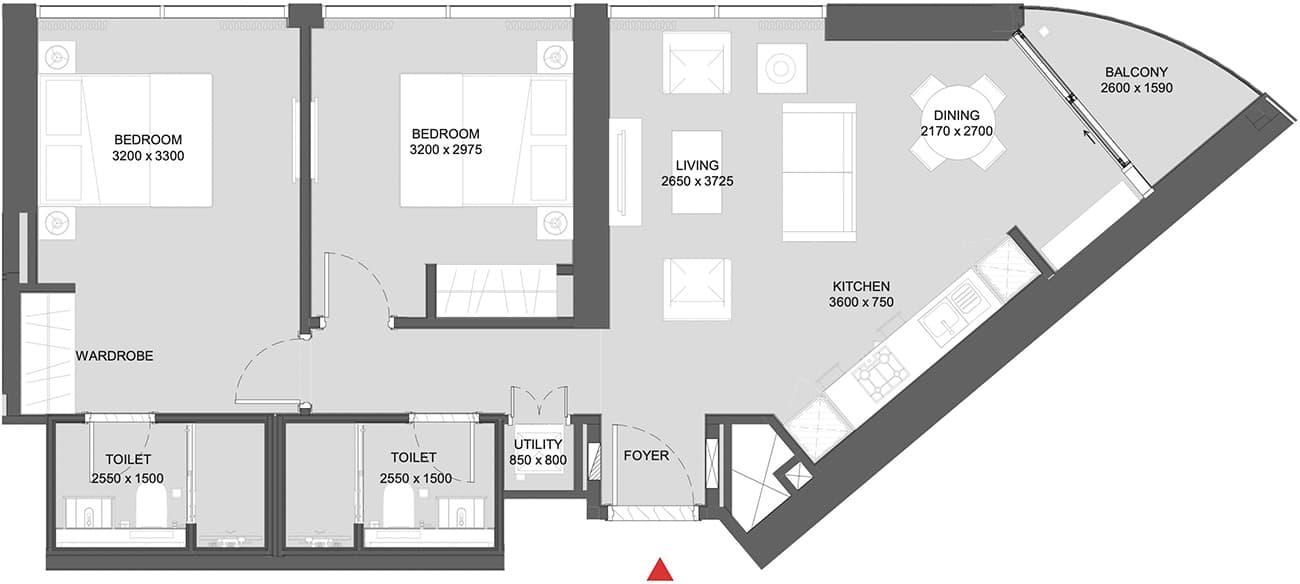 Sobha Hartland Waves 2 Bedroom floor plan