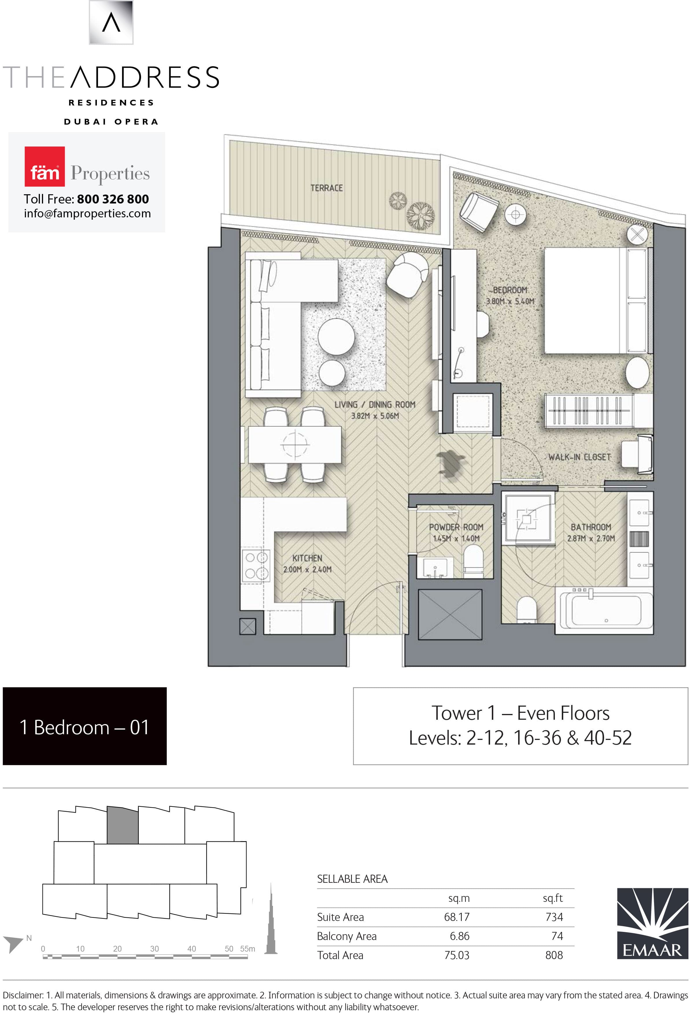 The Address Residences Dubai Opera 1BR-1: Tower 1 - Odd & Even Floors Levels: 2-12, 16-37 & 40-52 floor plan