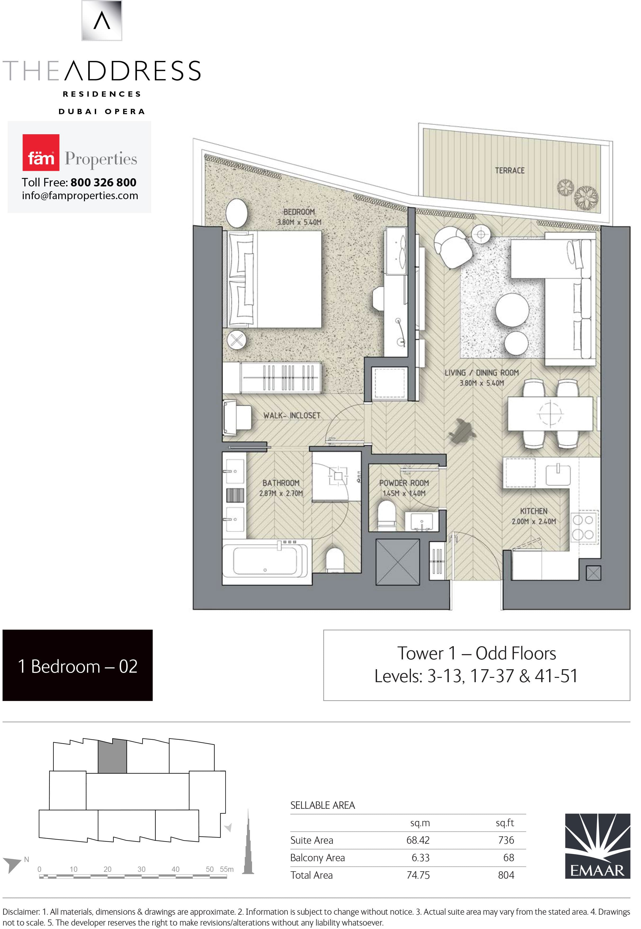 The Address Residences Dubai Opera 1BR-2: Tower 1 - Odd Floors Levels: 3-13, 17-37 & 41-51 floor plan