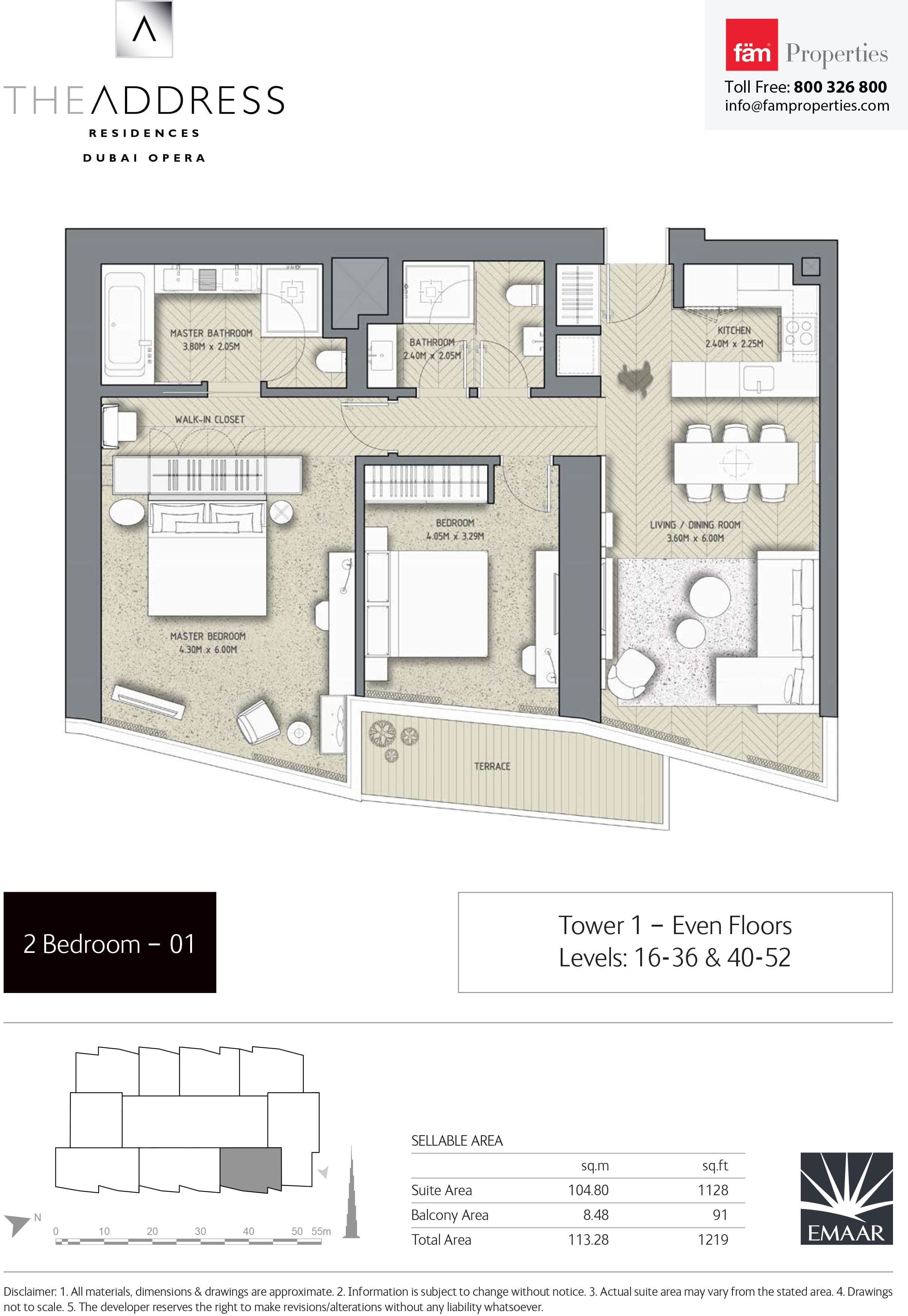 The Address Residences Dubai Opera 2BR-1: Tower 1 - Even Floors Levels: 16-36 & 40-52 floor plan