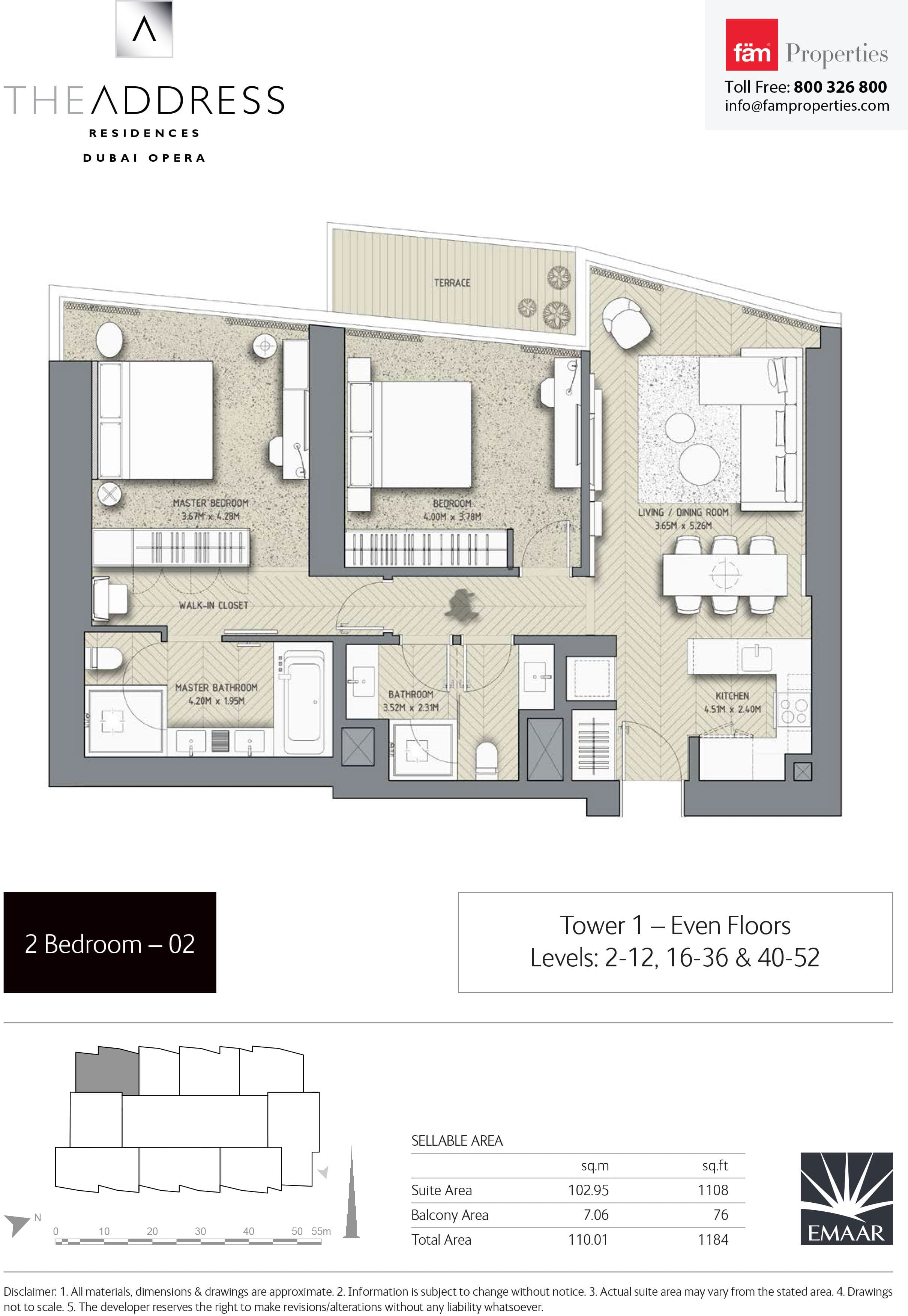 The Address Residences Dubai Opera 2BR-2: Tower 1 - Even Floors Levels: 2-12, 16-36 & 40-52 floor plan