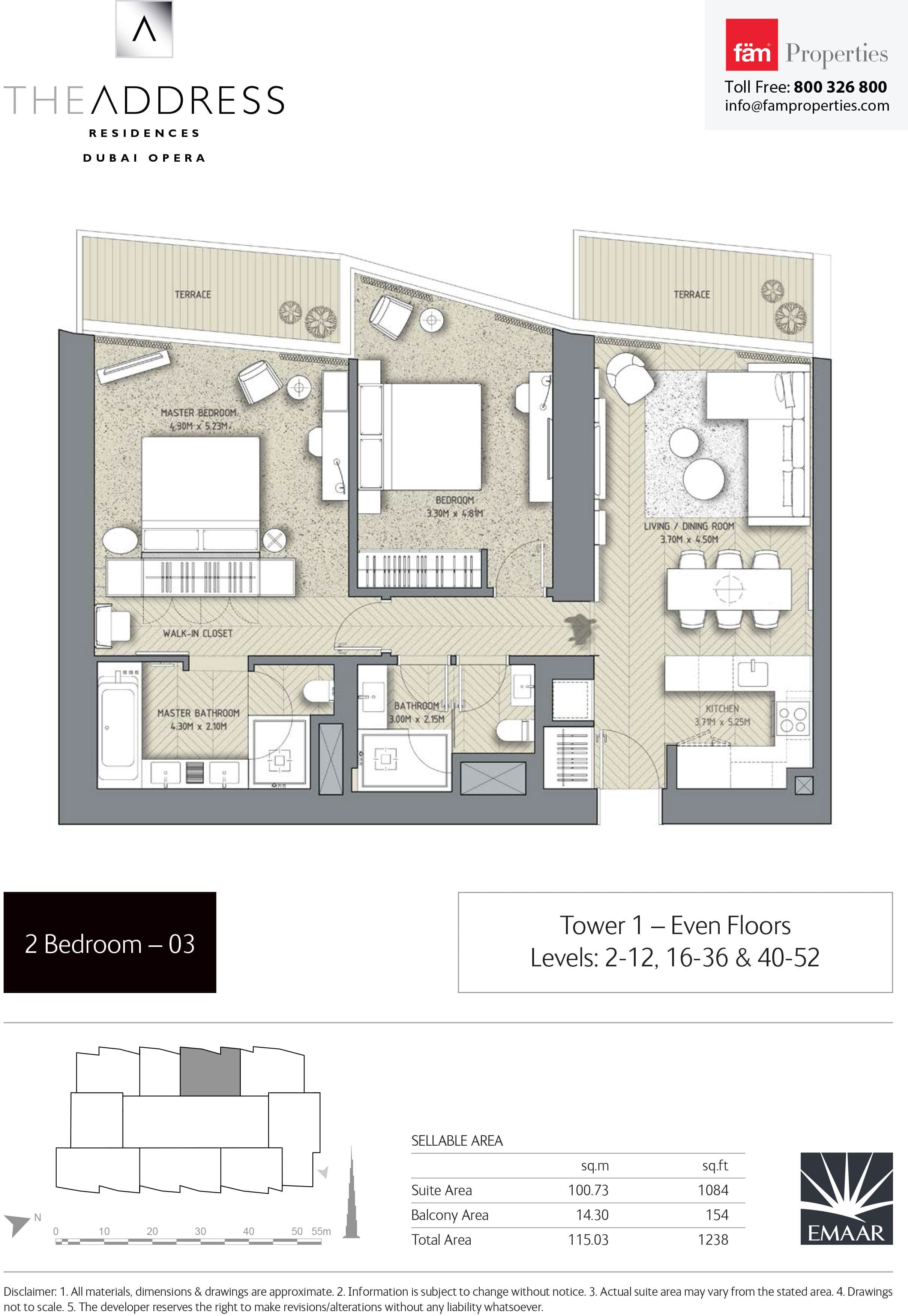 The Address Residences Dubai Opera 2BR-3: Tower 1 - Even Floors Levels: 2-12, 16-36 & 40-52 floor plan
