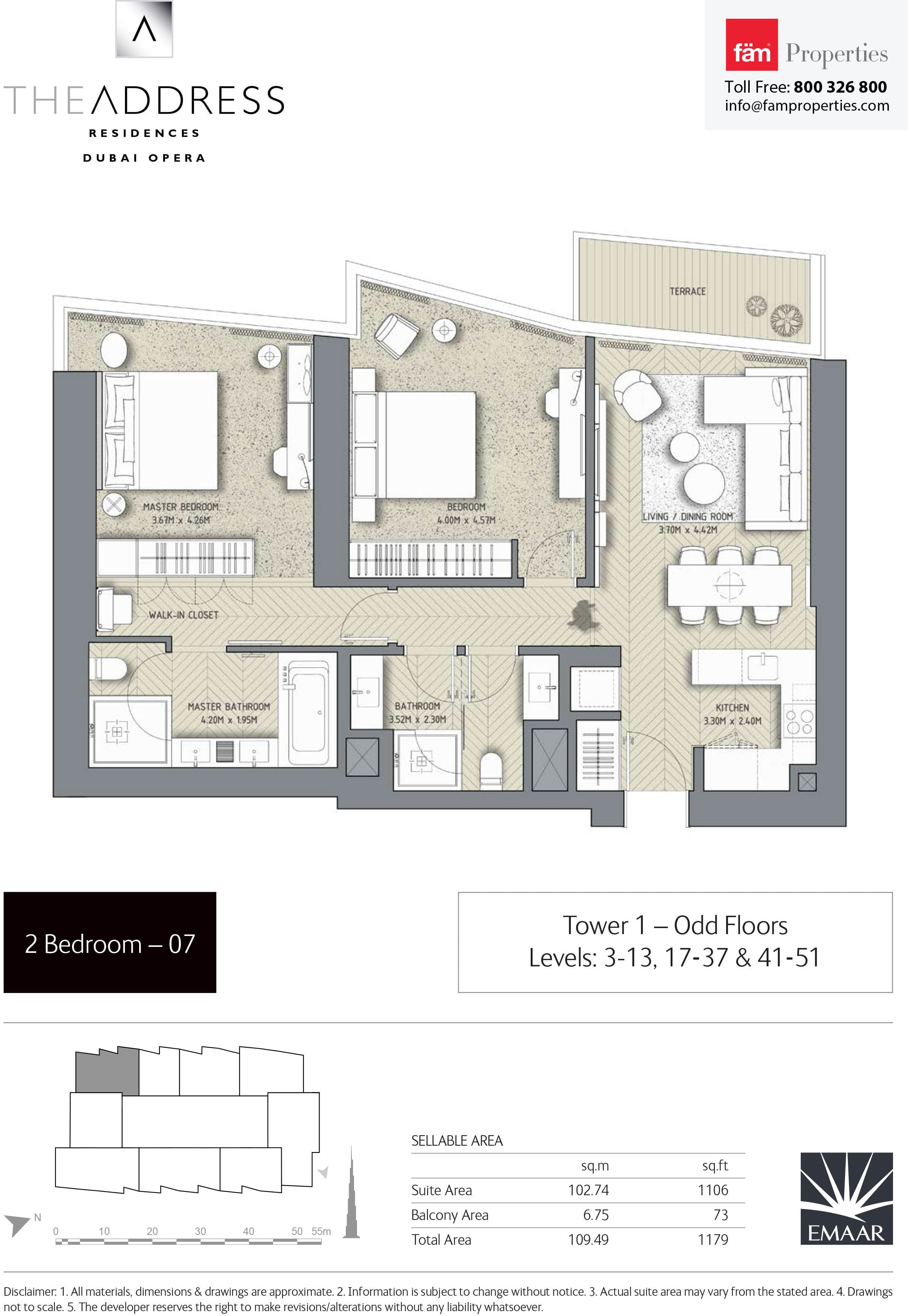 The Address Residences Dubai Opera 2BR-7: Tower 1 - Odd Floors Levels: 3-13, 17-37 & 41-51 floor plan