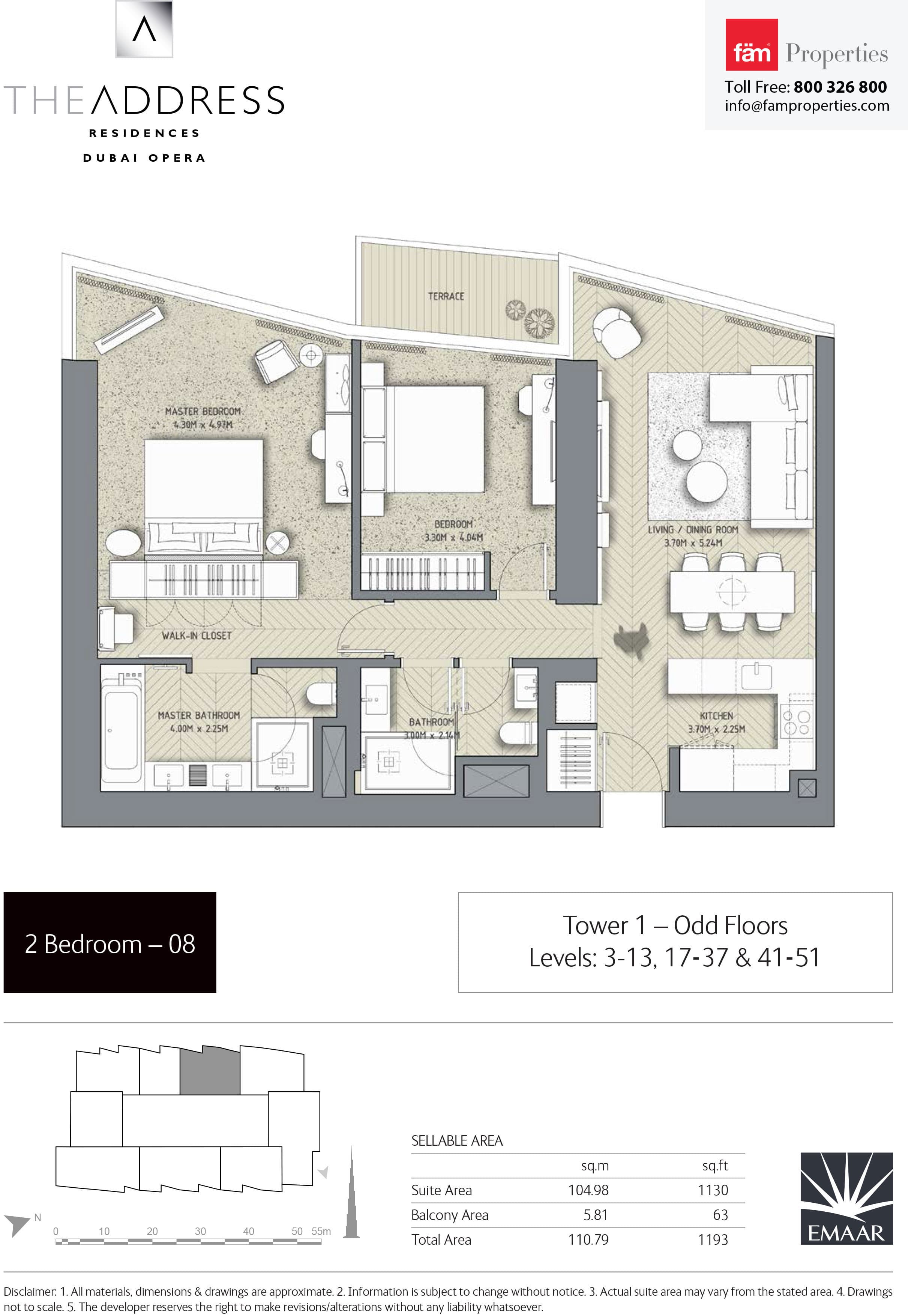 The Address Residences Dubai Opera 2BR-8: Tower 1 - Odd Floors Levels: 3-13, 17-37 & 41-51 floor plan