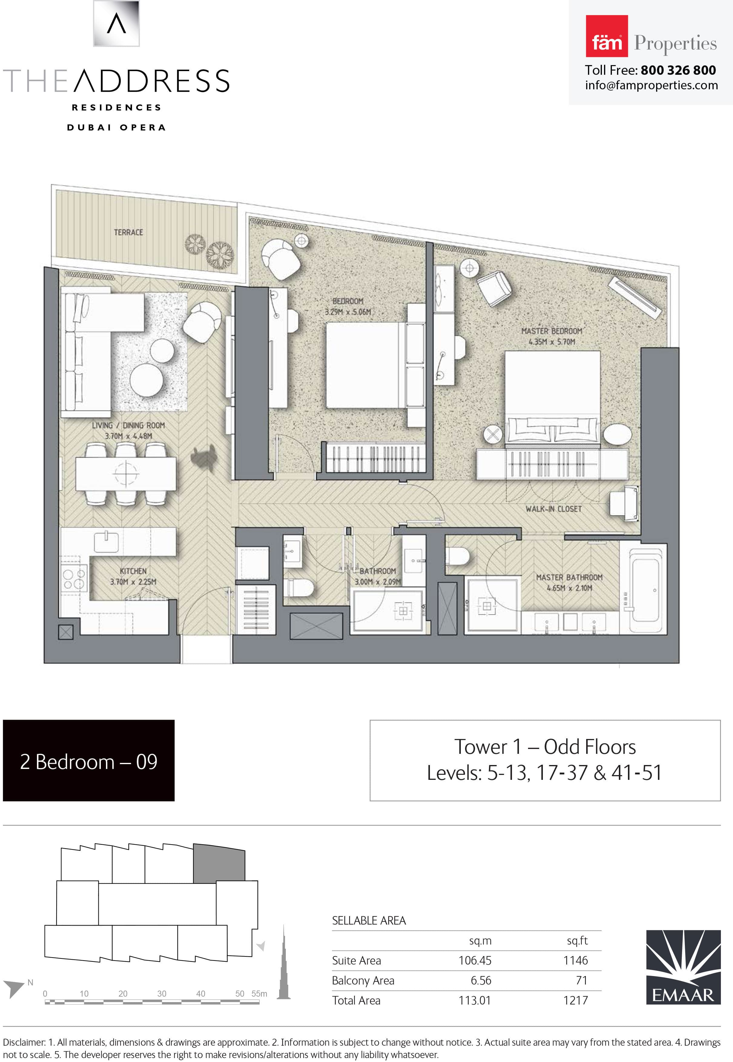 The Address Residences Dubai Opera 2BR-9: Tower 1 - Odd Floors Levels: 5-13,17-37 & 41-51 floor plan