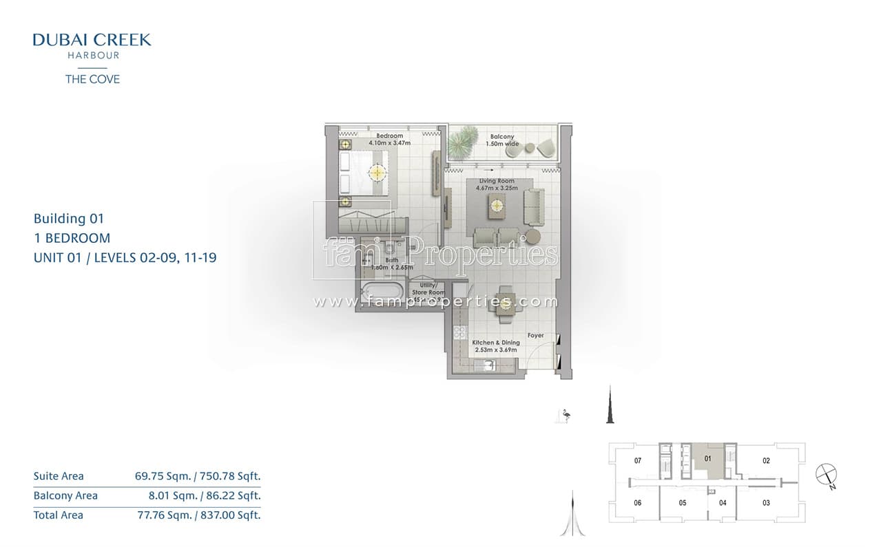 The Cove Level 02-09, 11-19 - 1 Bedroom Apartment Unit 01 floor plan