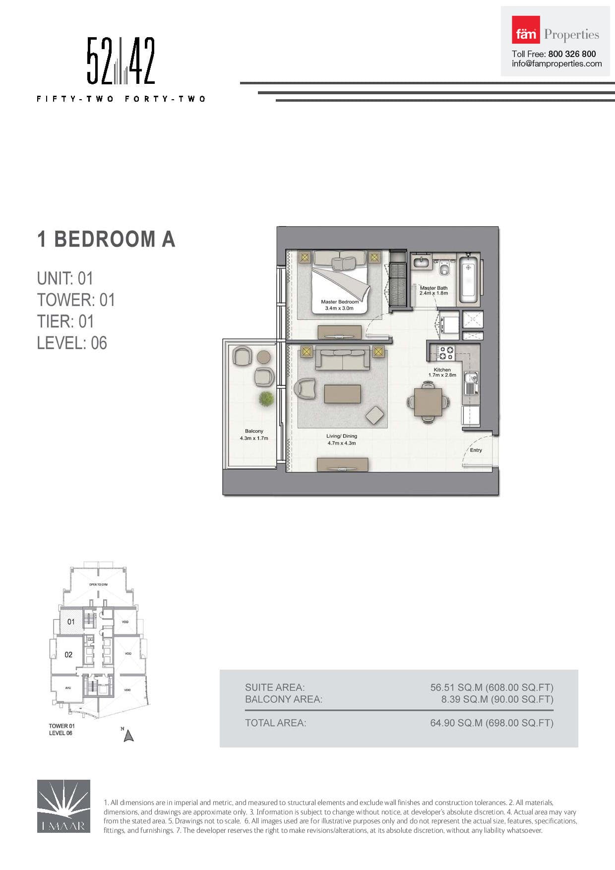 5242 Tower 1 1 Bedroom A floor plan