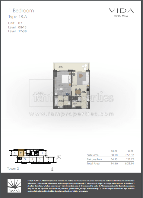 VIDA Residences Dubai Mall 1 Bedroom floor plan
