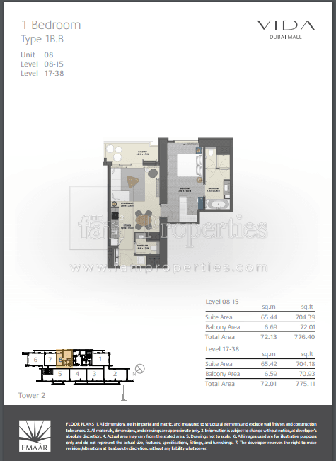 VIDA Residences Dubai Mall 1 Bedroom floor plan