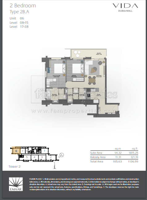 VIDA Residences Dubai Mall 2 Bedroom floor plan