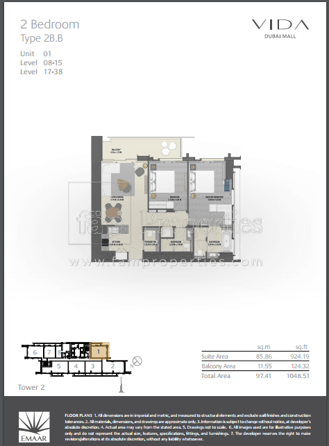 VIDA Residences Dubai Mall 2 Bedroom floor plan