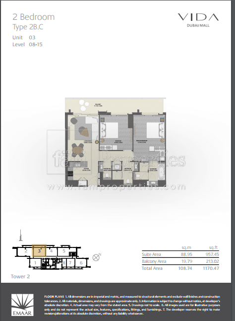 VIDA Residences Dubai Mall 2 Bedroom floor plan
