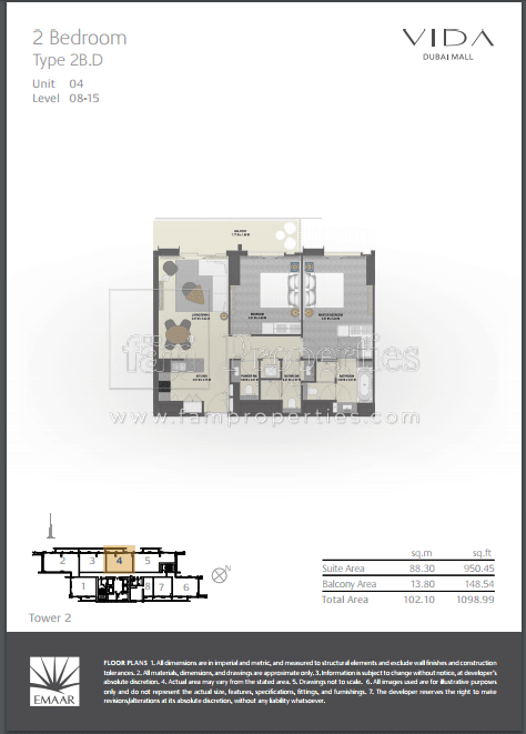 VIDA Residences Dubai Mall 2 Bedroom floor plan