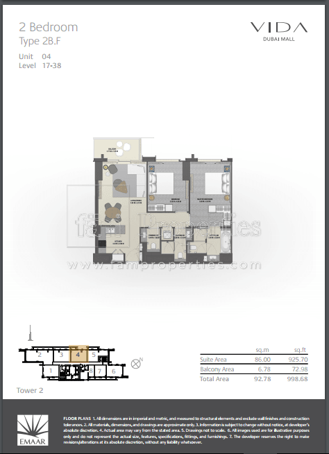 VIDA Residences Dubai Mall 2 Bedroom floor plan