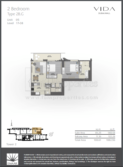 VIDA Residences Dubai Mall 2 Bedroom floor plan