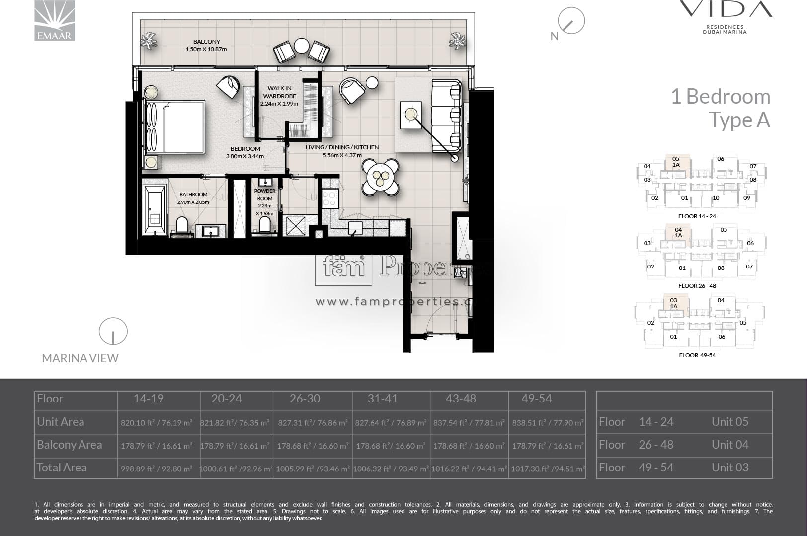 Vida Residences Dubai Marina 1 Bedroom - Type A floor plan