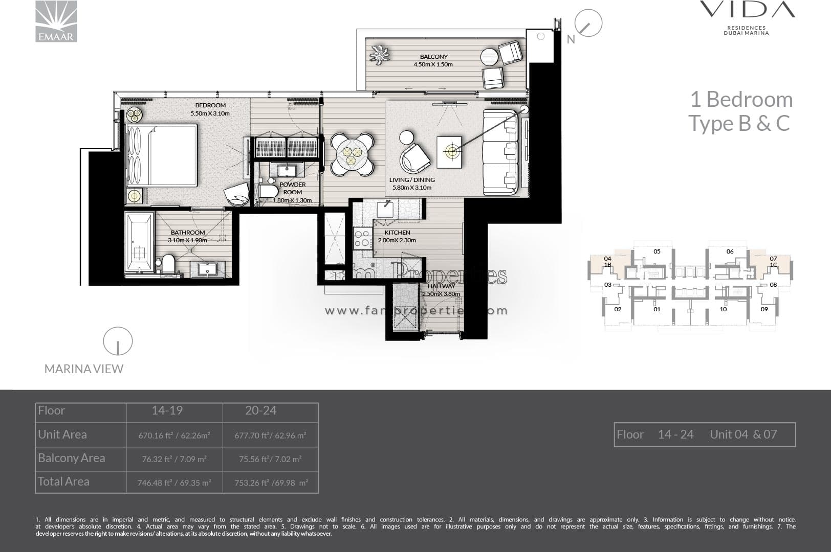 Vida Residences Dubai Marina 1 Bedroom - Type B & C floor plan