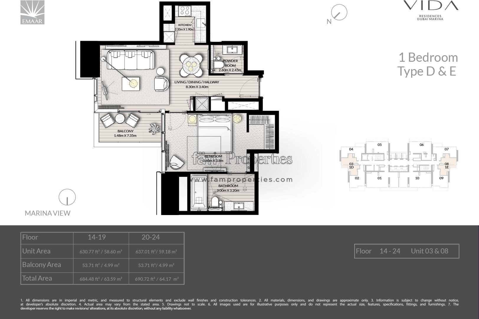 Vida Residences Dubai Marina 1 Bedroom - Type D & E floor plan