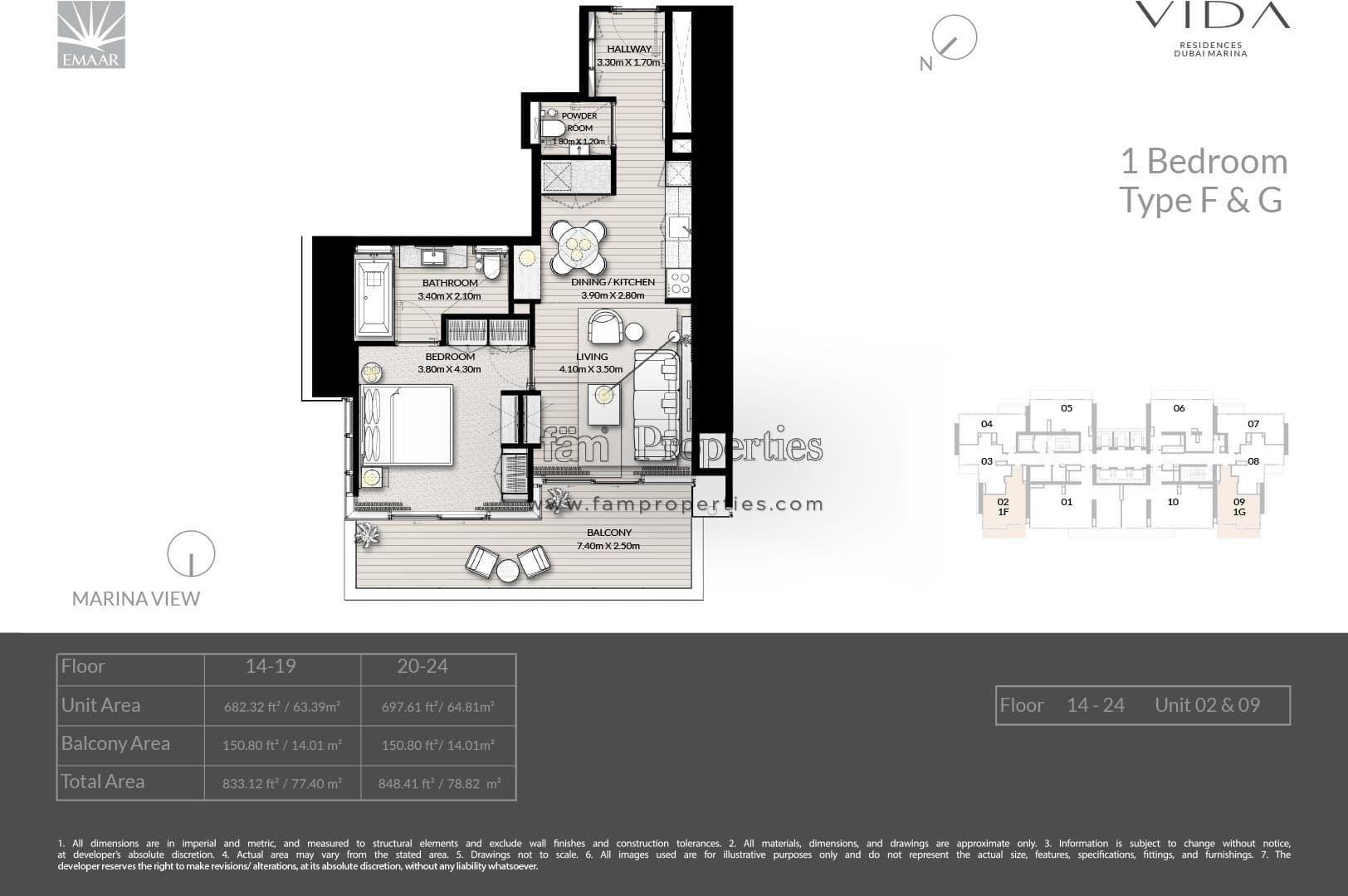 Vida Residences Dubai Marina 1 Bedroom - Type F & G floor plan