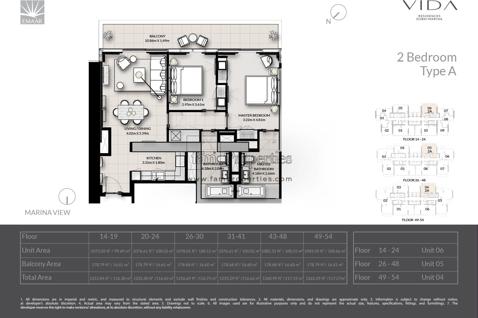 Vida Residences Dubai Marina 2 Bedroom - Type A floor plan