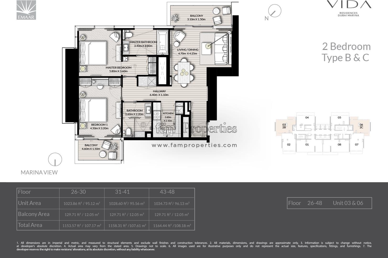 Vida Residences Dubai Marina 2 Bedroom - Type B & C floor plan