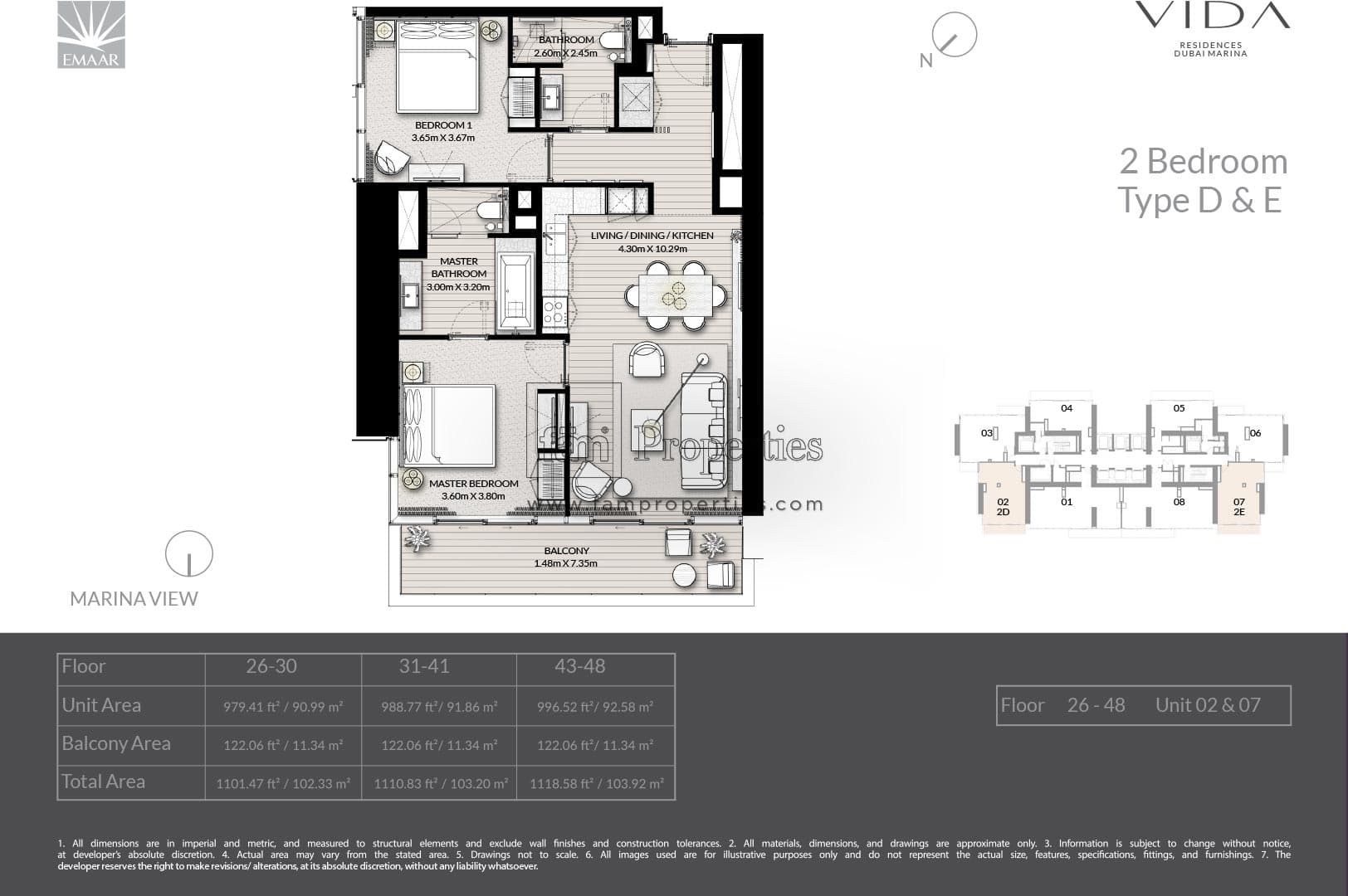 Vida Residences Dubai Marina 2 Bedroom - Type D & E floor plan