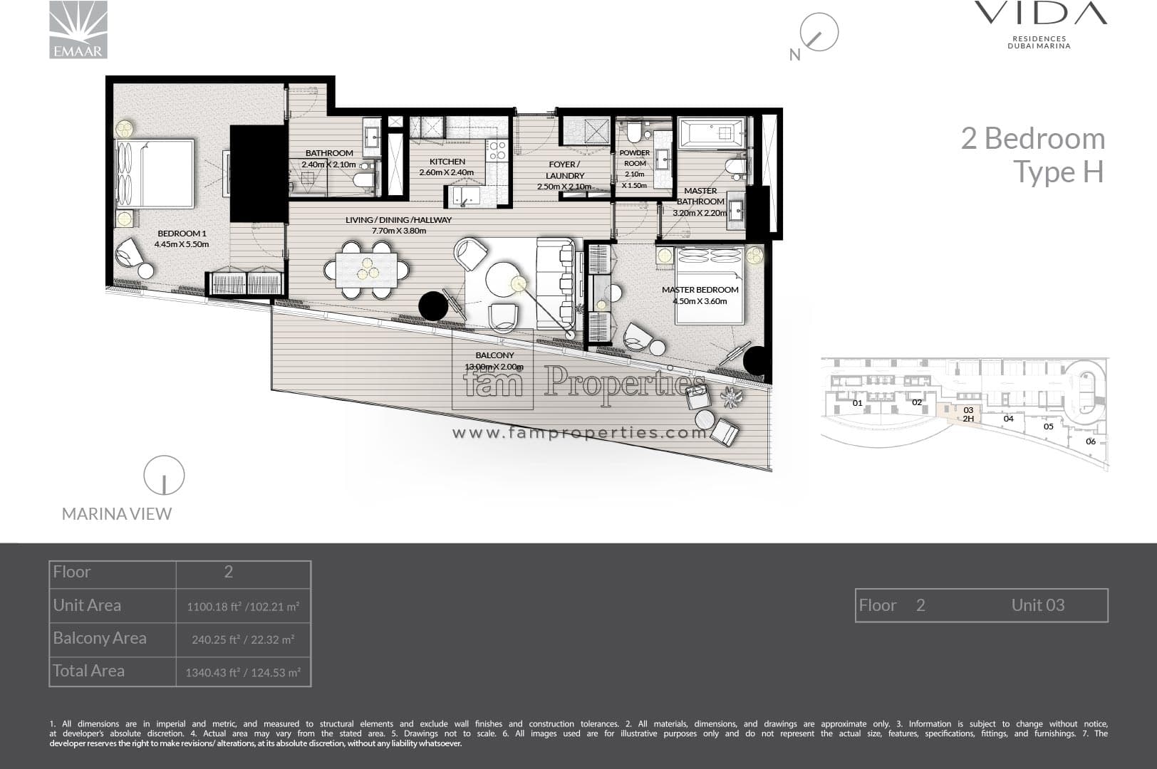 Vida Residences Dubai Marina 2 Bedroom - Type H floor plan